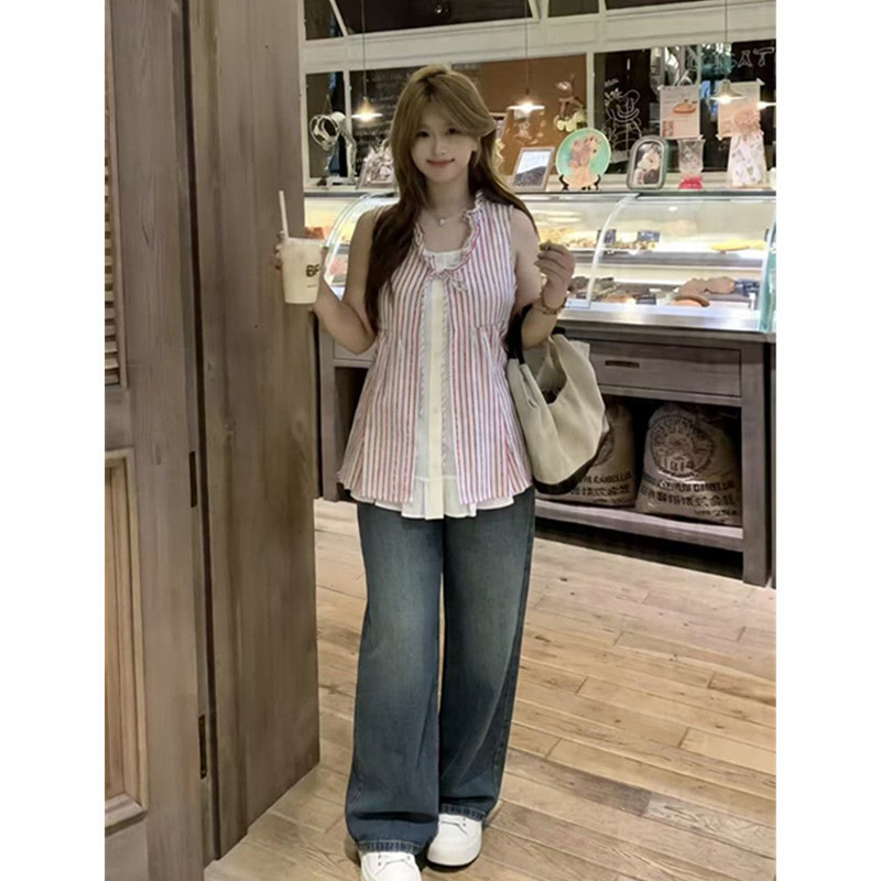 Plus-Size Retro Vertical Striped Sleeveless Vest Shirt for Women, Summer Large Size 1.0-150kg Unique Niche Faux Two-Piece Shirt