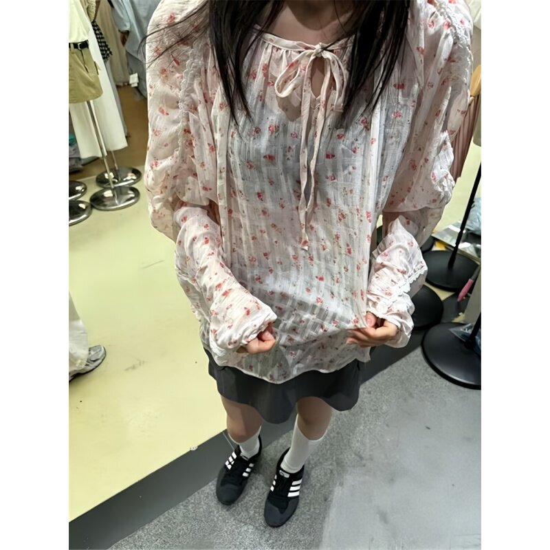 Plus Size 150kg Retro Age-Reducing Floral Lace-Up Long-Sleeve Sun Protection Shirt for Women, Summer Loose Lightweight Cover-Up for Plus-Size Women