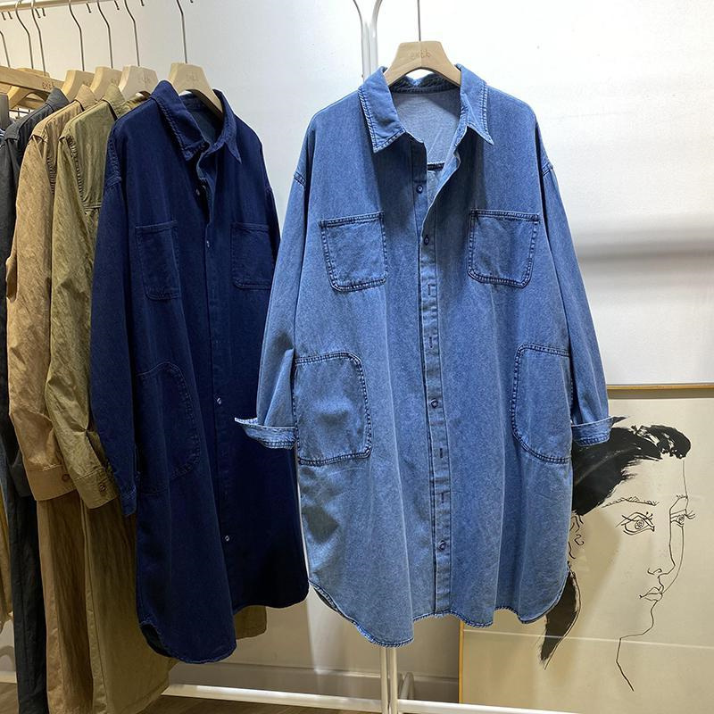 Plus Size 1.0-150kg Denim Shirt for Women, Autumn Korean Style Loose Polo Collar Long Sleeve Mid-Length Jacket Trendy