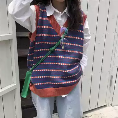 Knitted Vest Women loose lazy wind autumn and winter Korean version of wearing College v collar sleeve sleeveless sweater vest students