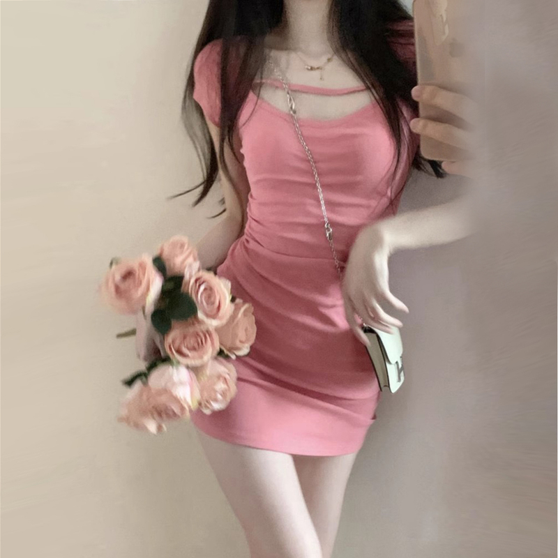 Summer Women's Clothing, Elegant Waist-Cinching Slimming Dress for Petite Hot Girls, Pink Pure Desire Slim-Fit Dress, Sweet and Cool Hip-Hugging Short Skirt
