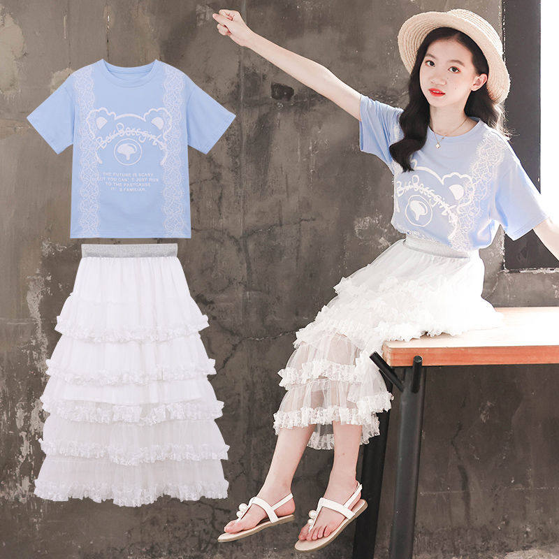 Girls net red fried street suit summer 2022 new Korean version of the princess skirt Western style big children's mesh skirt two-piece set