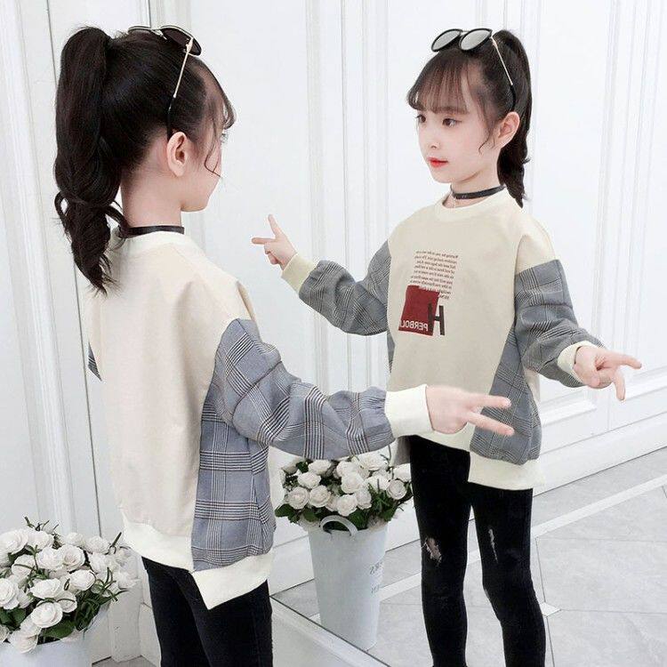 Girls Net Red Fried Street Spring Casual Tops 2022 Korean Version Middle-aged Children's Long Sleeve T-Shirts Western Style Fashion Girls Bottom Layer Autumn