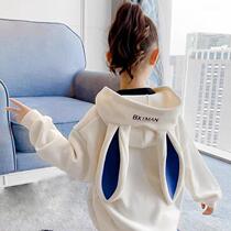2022 Girls Sweater Spring and Autumn New Rabbit Ear Child Cover plus thickening and long winter