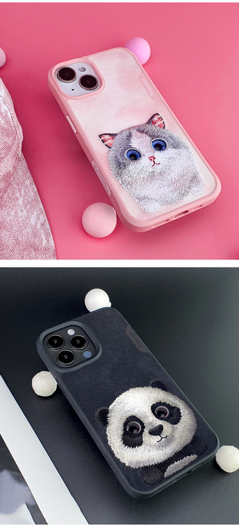 Nimmy Embroidered New Cute Pug Dog, Panda, Cat, Mouse Plush High End Premium 15, 15 Plus, 15 Pro, 15 Pro Max iPhone Case