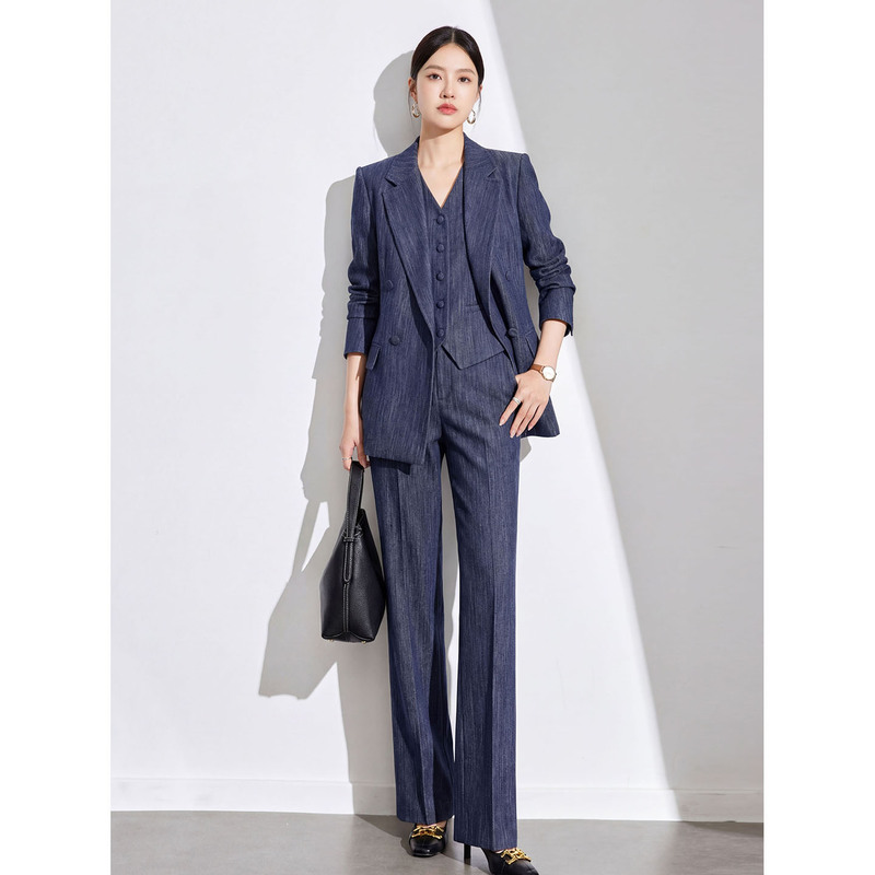 Denim Blue Suit Set for Women 2026 Autumn and Winter New Casual Double-Breasted Slim-Fit Commuter Style Small Suit Jacket
