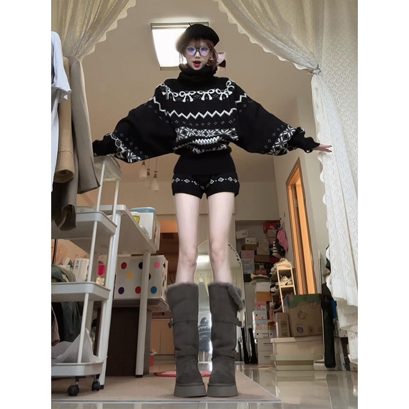 American Retro Black Fair Isle Bow Turtleneck Knitwear for Women 2026 Autumn and Winter New Warm Top American Retro Black Fair Isle Bow Turtleneck Knitwear for Women 2026 Autumn and Winter New Warm Top