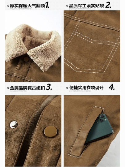 Jeep Suede Cotton Jacket for Men, Autumn and Winter, Fleece-Lined and Thickened, 2025 New Style, Turn-Down Collar Jacket, Men's Cotton Clothing