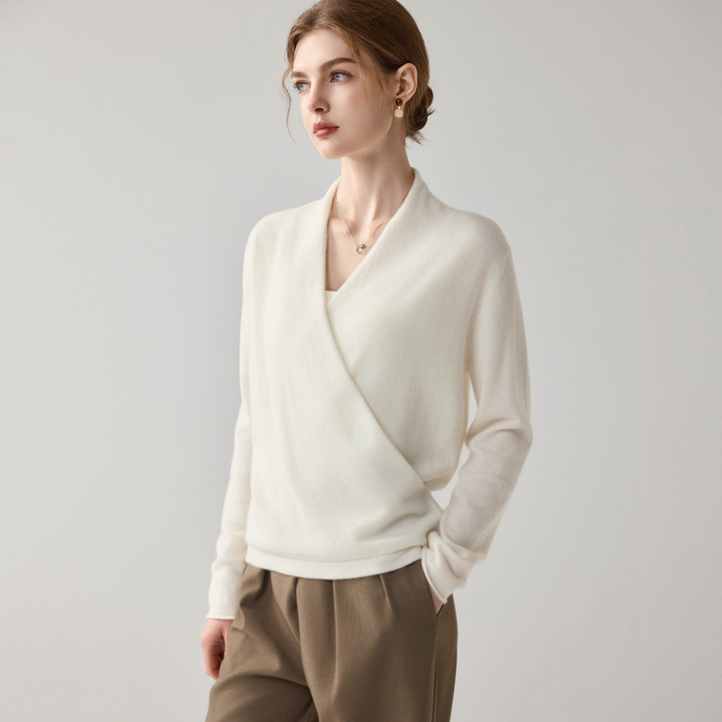 Red Lotus Boutique Cross V-Neck Cashmere Sweater for Women with Wrap-Around Design, Stylish Knit Top, Elegant Base Sweater Red Lotus Boutique Cross V-Neck Cashmere Sweater for Women with Wrap-Around Design, Stylish Knit Top, Elegant Base Sweater