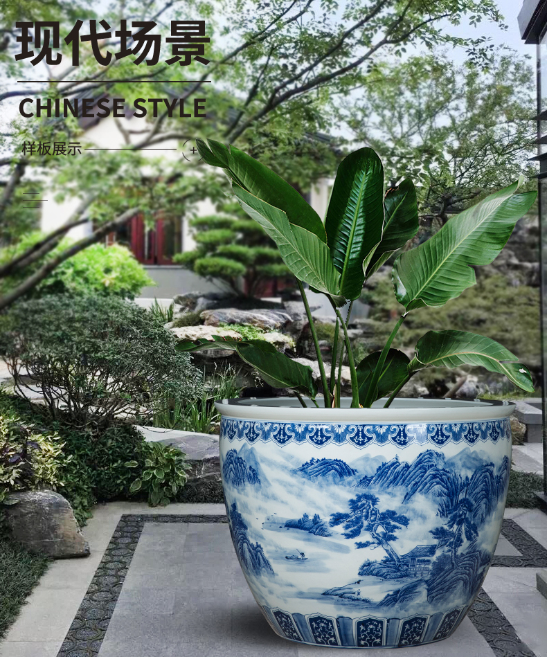 Jingdezhen ceramic aquarium painting tortoise cylinder water lily lotus bowl lotus cylinder king hotel courtyard furnishing articles