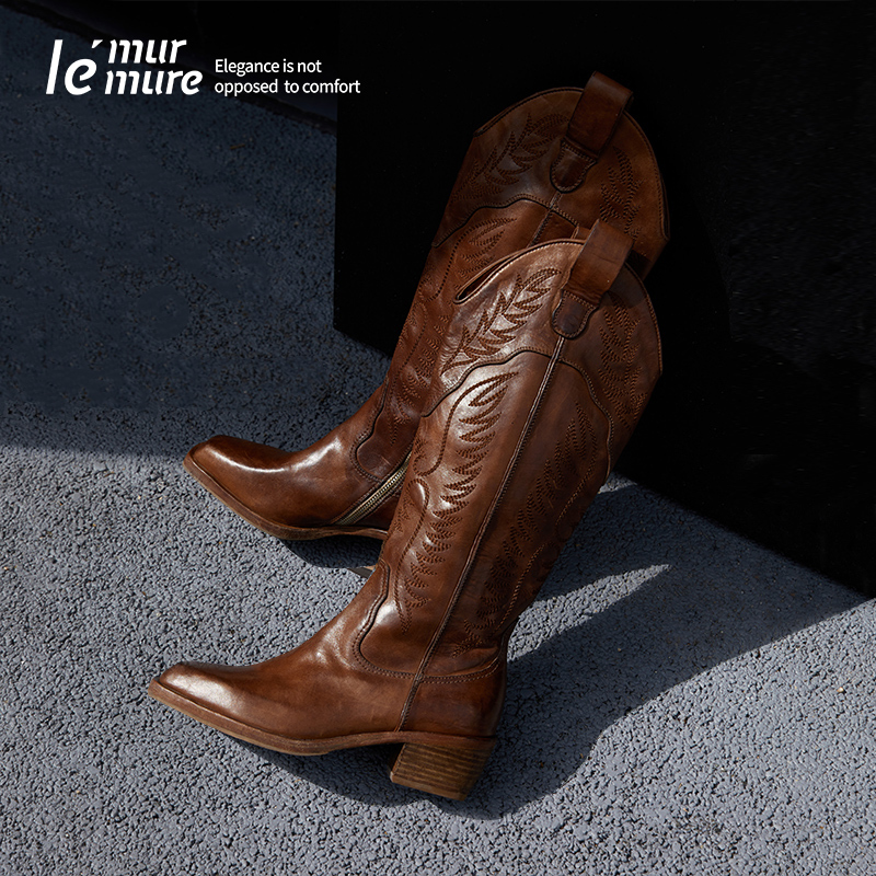 Le' Murmure Italian Original Heavy-Duty Embroidered Washed Horse Leather Small Square-Toe Western Boots Knee-High Boots Le' Murmure Italian Original Heavy-Duty Embroidered Washed Horse Leather Small Square-Toe Western Boots Knee-High Boots