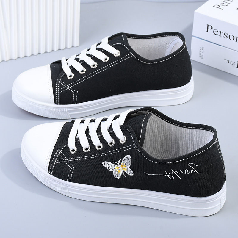 Casual Black Canvas Shoes for Women, Korean Style Trendy Versatile Soft-Soled Shoes, Non-Slip Comfortable Sneakers, Old Beijing Cloth Shoes