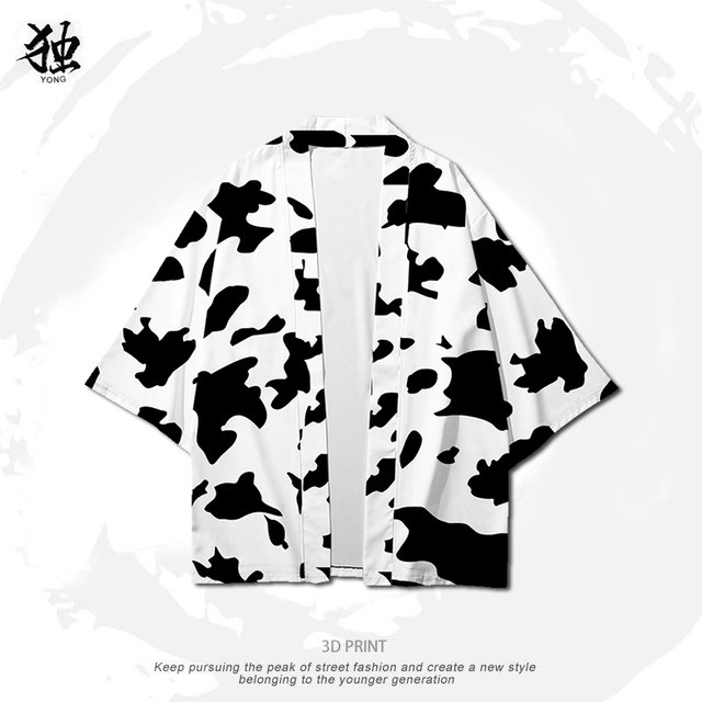 ພາກຮຽນ spring ແລະດູໃບໄມ້ລົ່ນ Cow Spot Floral ຜູ້ຊາຍແລະແມ່ຍິງເສື້ອແຂນຍາວ Lazy Style BF Loose Casual Jacket ເສື້ອກາງຍາວ