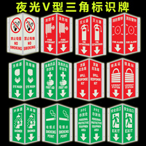 Customized three-dimensional luminous reflective V-shaped triangle sign 180 ° omni-directional fire sign fire extinguisher fire hydrant eyewash eyewash V-shaped luminous safety sign) self-luminous indication