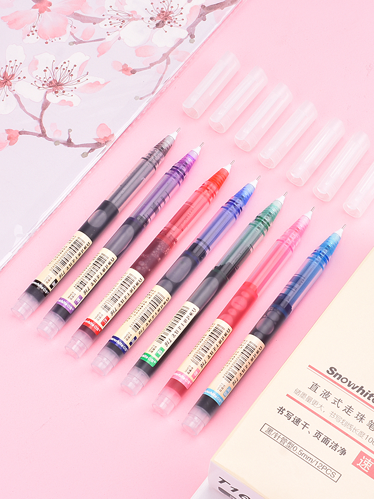 Baixue straight liquid water-based ballpoint pen color neutral pen students use black, red, blue, green and purple water-based pen to take notes special hand account neutral pen needle tube type cute creative T16 quick-drying 7-color transparent pen