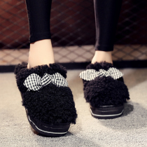 2020 new high-heelled bow cotton slippers women Autumn Winter thick bottom waterproof home with woolen wool slippers