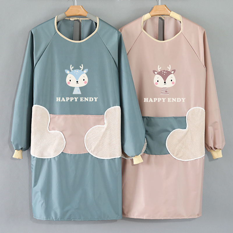 Erasable long sleeve apron kitchen Home Cooking waterproof and greaseproof Han version cute autumn and winter hood clothes to work