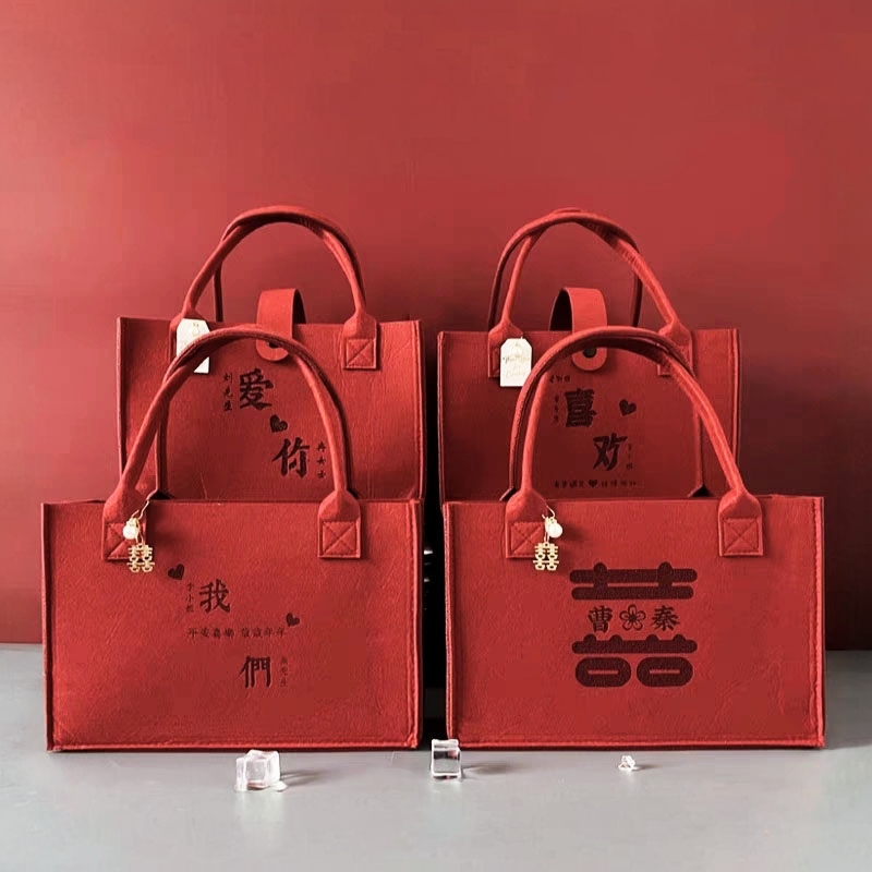 Internet Celebrity Bride's Handbag for Engagement, Wedding, and Gift-Giving Occasions, Red Felt Tote Wedding Bag