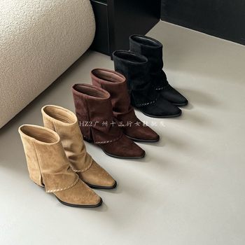 Hz2 real shot frosted genuine leather western cowboy boots women's short boots 2025 autumn and winter new thick heel slim fashion boots