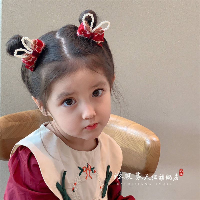 New Year Pearl Rabbit ear Child hairpin girl Cubism cute haircut girl New Chinese New Year red pair of gripping head decoration-Taobao