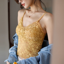 French lace small camisole women with chest pad inside and outside wear summer white halter sexy beauty back bottom top