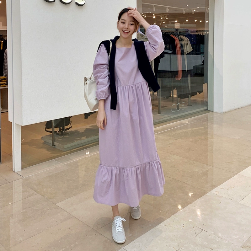 Phiên bản Hàn Quốc của phụ nữ rộng rãi cộng với kích thước cotton và lanh váy dài tay màu tím xoay lớn tính khí che phủ da thịt là mỏng và lớn váy dài xoay mập - Váy dài