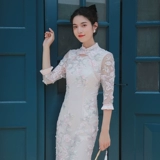 Осеннее персиковое ципао, коллекция 2021, с вышивкой