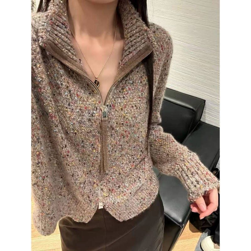 Super Beautiful! Imported Special Yarn, Chanel-Style Pure Cashmere Half-High Collar Double-Zip Floral Yarn Cardigan Sweater