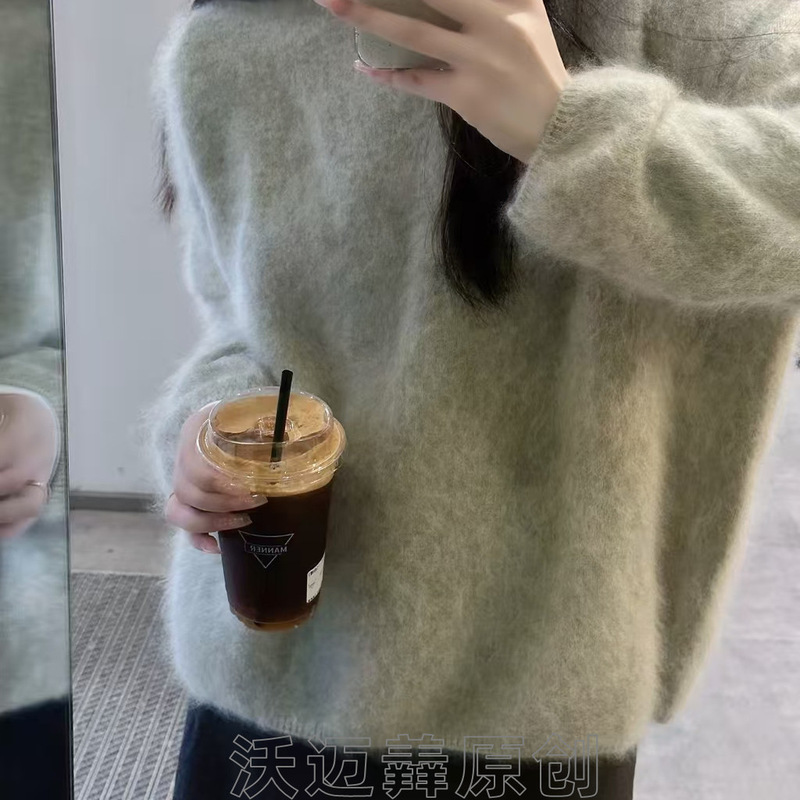 Zhang* Same Style Royal Brushed 100% Pure Cashmere Loose Fit Lazy Round Neck Thickened Base Shirt