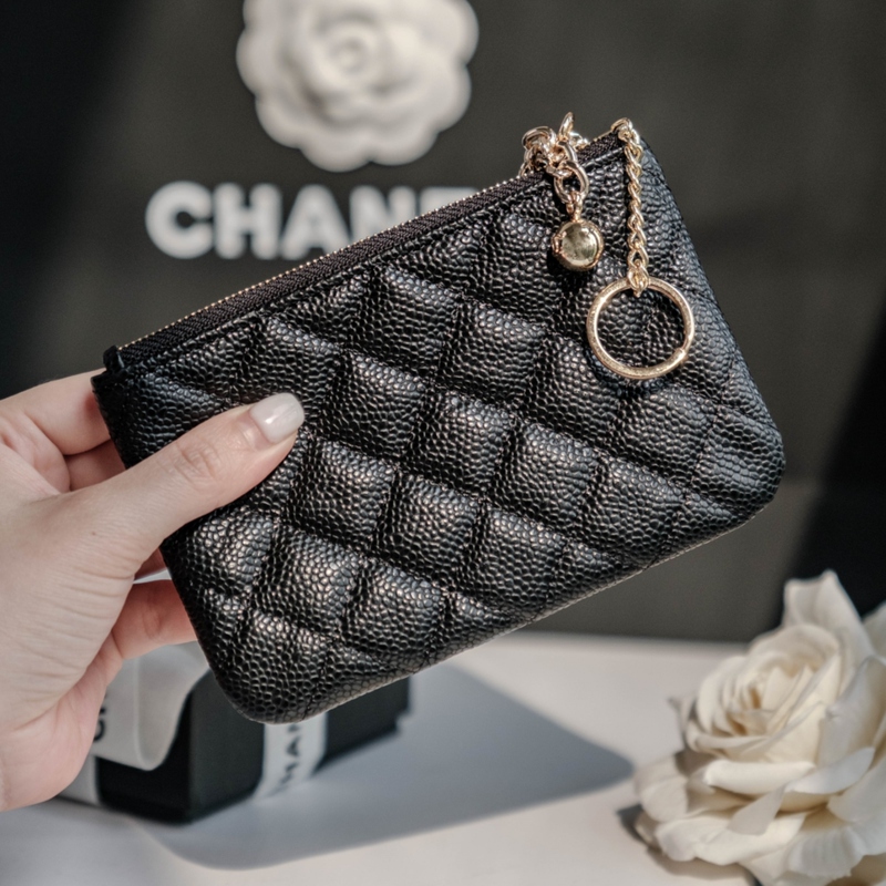 Caviar Ball Pattern Cowhide Goatskin Quilted Genuine Leather One-Word Zipper Coin Purse Card Holder Small Fragrant Key Lock Keychain