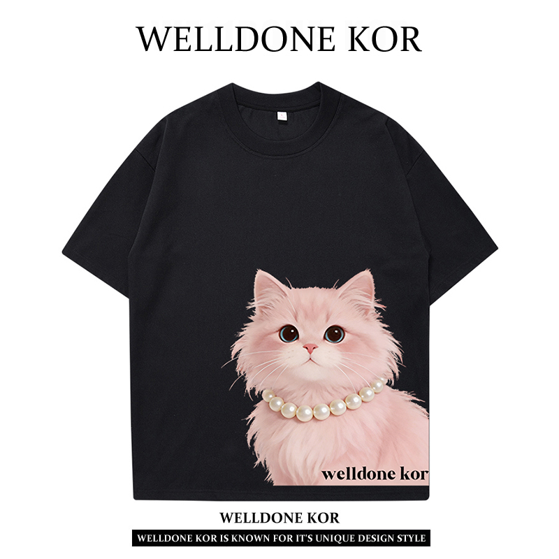 New Product from the Store: Welldone Kor Pearl Necklace Cat Print Short-Sleeve T-Shirt 2026 New Fun Top