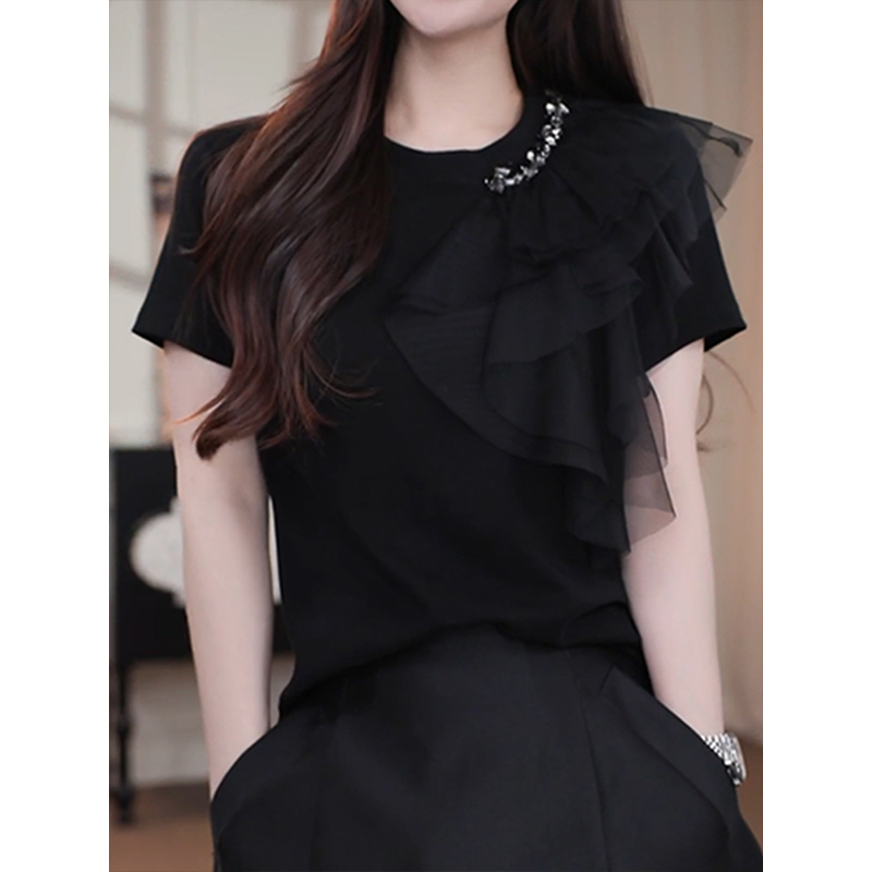 French-Style Heavy-Duty Rhinestone Short-Sleeve T-Shirt for Women, Summer Niche Mesh Splicing Round-Neck Top, High-End Black Blouse