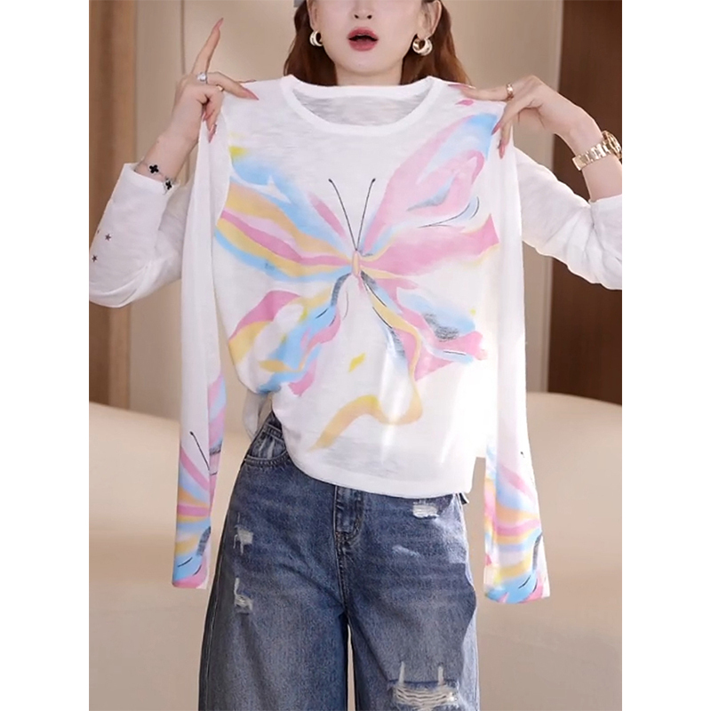 Butterfly Print Sun Protection Long-Sleeved Knitted T-Shirt for Women, New Summer Style, High-End, Beautiful, Loose-Fitting Blouse Top