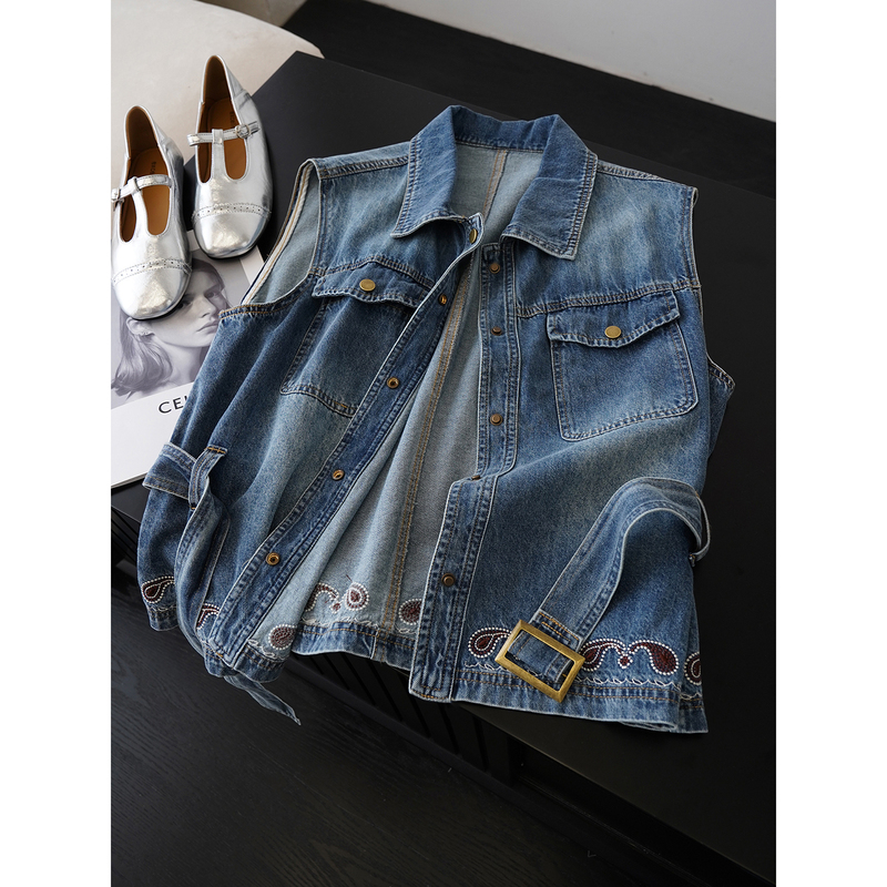 In Stock, Farewell 50% off Cashew Embroidery! Soft Washed Cotton Lace-Up Sleeveless Denim Vest for Women＜Tzzz032