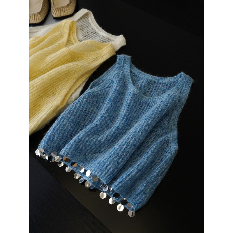 In Stock, Farewell 50% off - Heartbeat Signal, Sequin Hem! Fluffy Alpaca Wool Knitted Vest《Qzzs197》