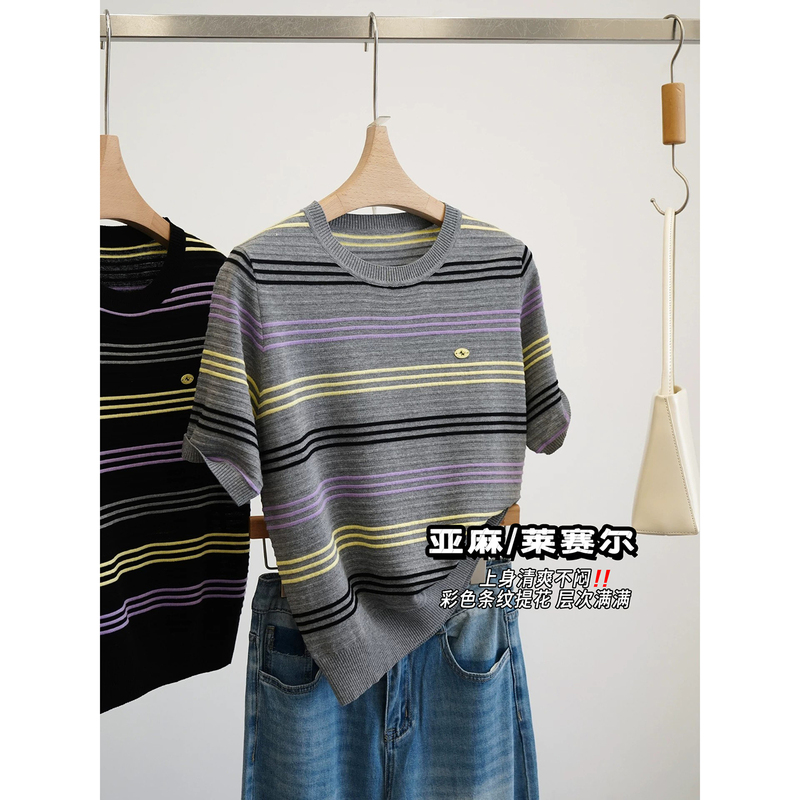 In Stock, Say Goodbye to 50% off! Refreshing and Not Stuffy! Linen Lyocell Striped Jacquard Knit T-Shirt for Women<Jzzs011 In Stock, Say Goodbye to 50% off! Refreshing and Not Stuffy! Linen Lyocell Striped Jacquard Knit T-Shirt for Women<Jzzs011