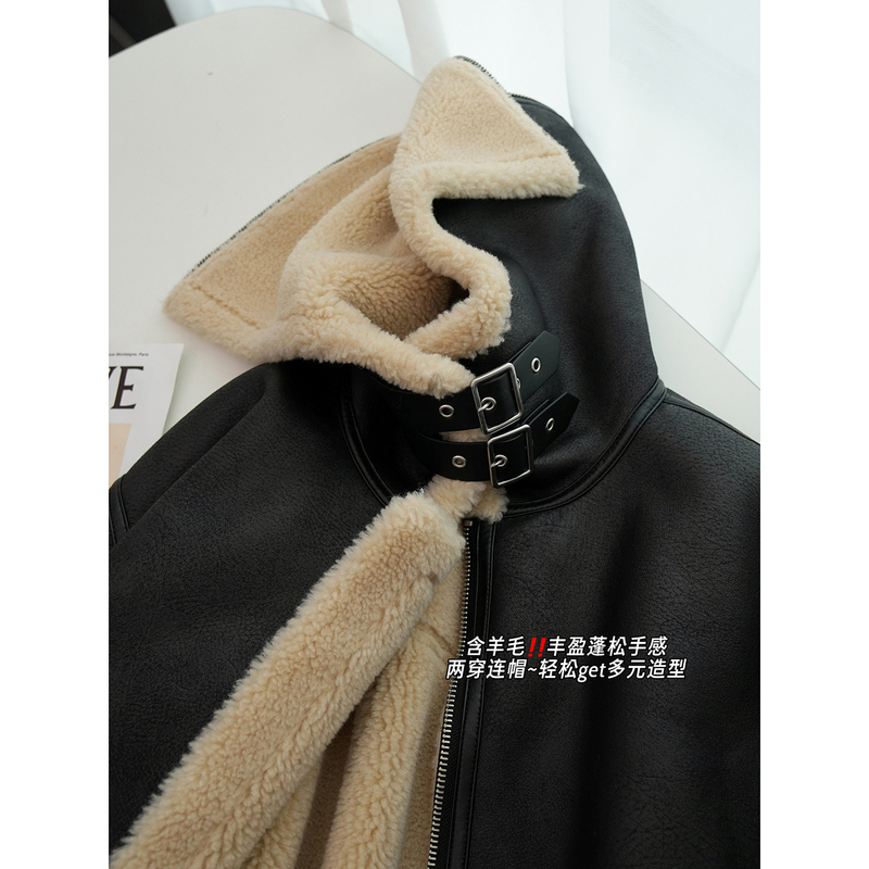 In Stock, Farewell to 70% off! Off-Season Bargain! Two-Way Wear Hooded Lamb Wool Biker Jacket for Women `Wzzn043`