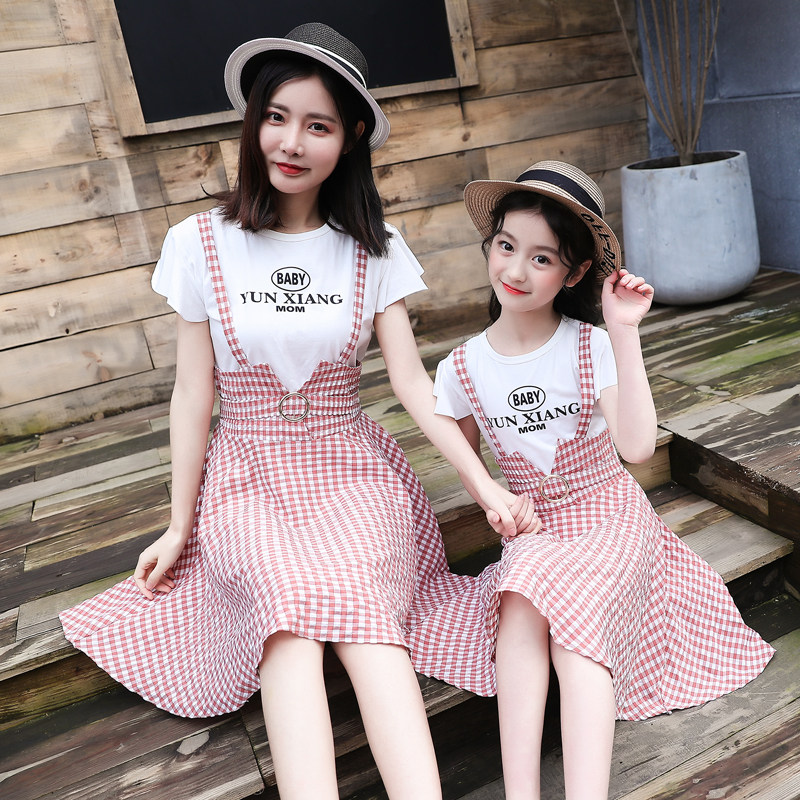 Pro-sub-dress 2022 Summer clothing new fake two pieces of baby bag plaid dress Girl dress Girls foreign dress Korean version of female dress