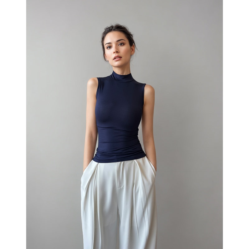 Ayingjia Summer American Retro Half-High Round Neck T-Shirt for Women, Sleeveless Navy Blue Slim Fit Tank Top