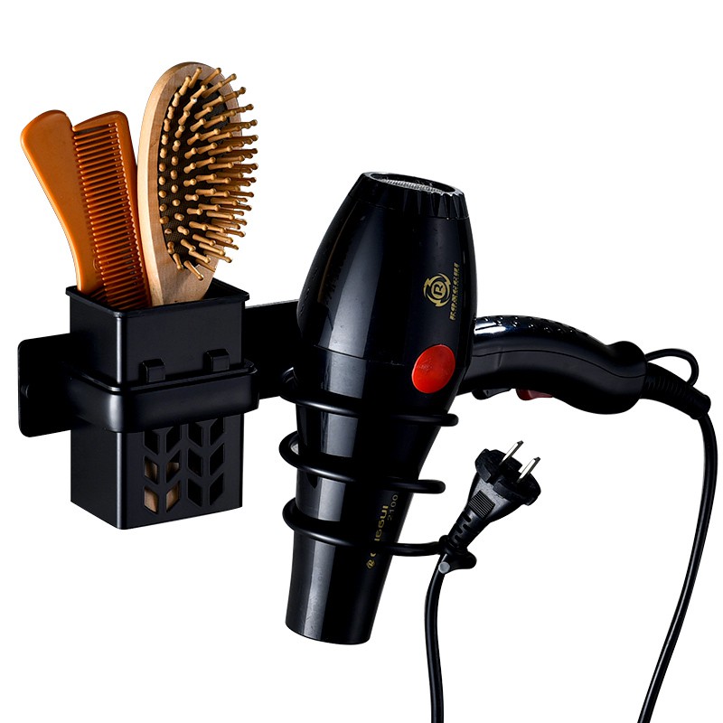 Black bathroom hair dryer rack bathroom shelf anti-rust hair dryer rack storage free punching wall-mounted hair dryer