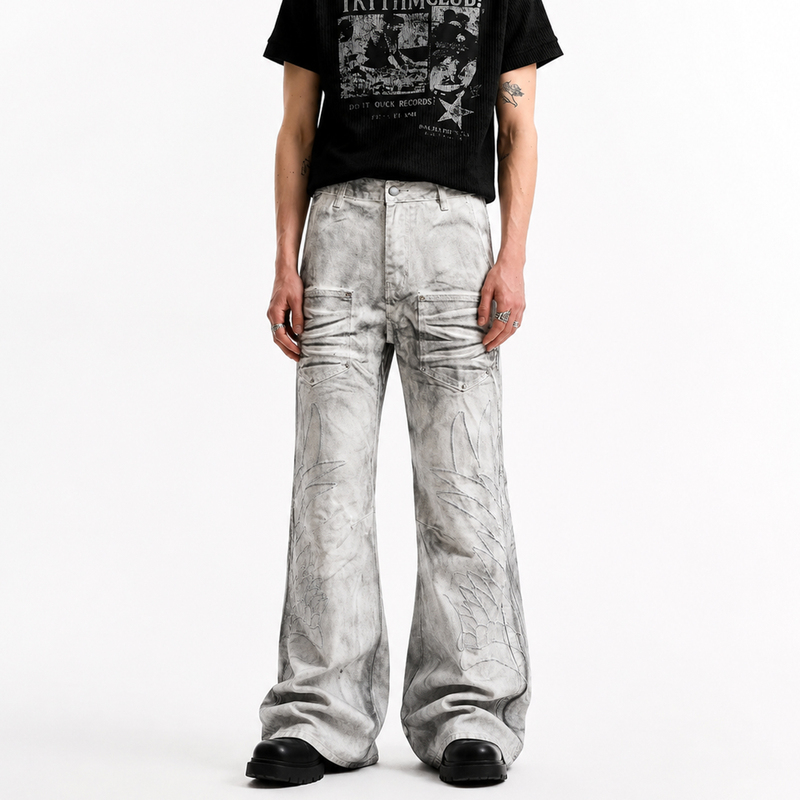 Blankln Spray-Painted Dirty-Dye Light Y2K Style Embroidered Angel Wings Jeans with Rivet Pocket Design Long Pants