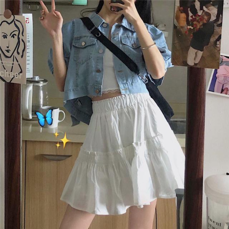 Two-piece set Genki little sister cute lace camisole silhouette short denim jacket cute fluffy short skirt