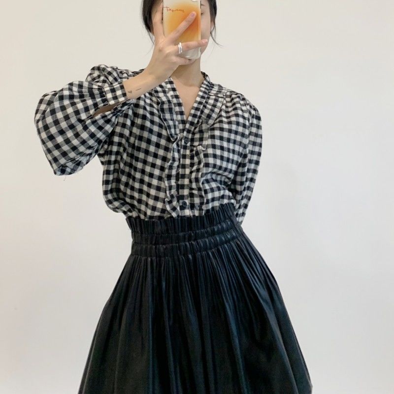 2021 Spring new fashion Aging Plaid Shirt Temperament High Waist Half Body Leather Dress Two Sets Women Suit