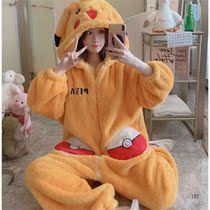 Coral Suede One-piece Pyjamas Woman Autumn Winter Cartoon Cute students Aging Lansuede Plus Suede Thickened Warm Home Clothing