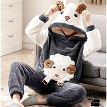 Mens Pajamas Winter Long plush Lianhood Long sleeves flannel Flannel Pyjamas Male thickened Coral Suede Suit Home for the winter