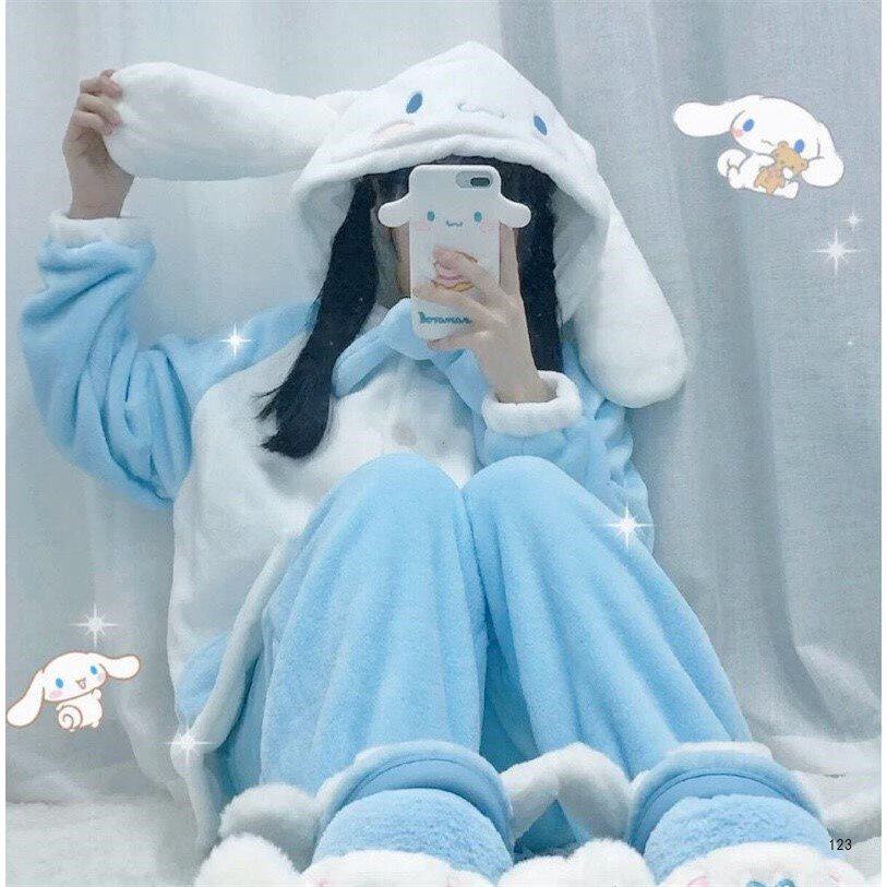 Pajamas women's winter suits thickened and can be worn outside coral velvet cute flannel warm home clothes big ears jade gui dog