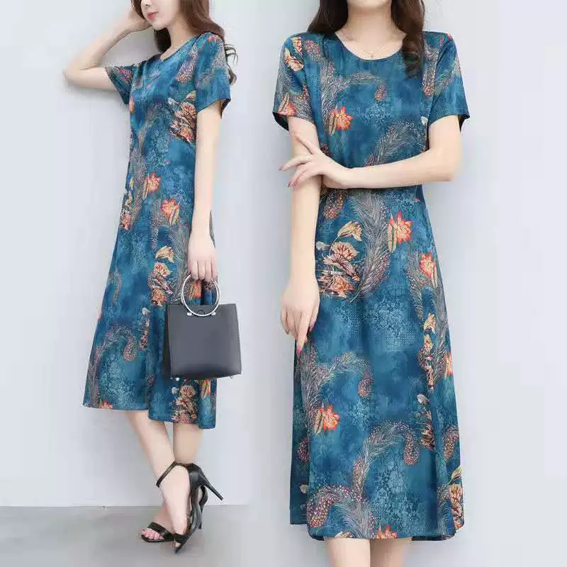 Váy in họa tiết nữ rộng, hè hè 2020 dành cho bà mẹ trung niên, người nước ngoài, che bụng, váy lụa băng mỏng - Váy eo cao