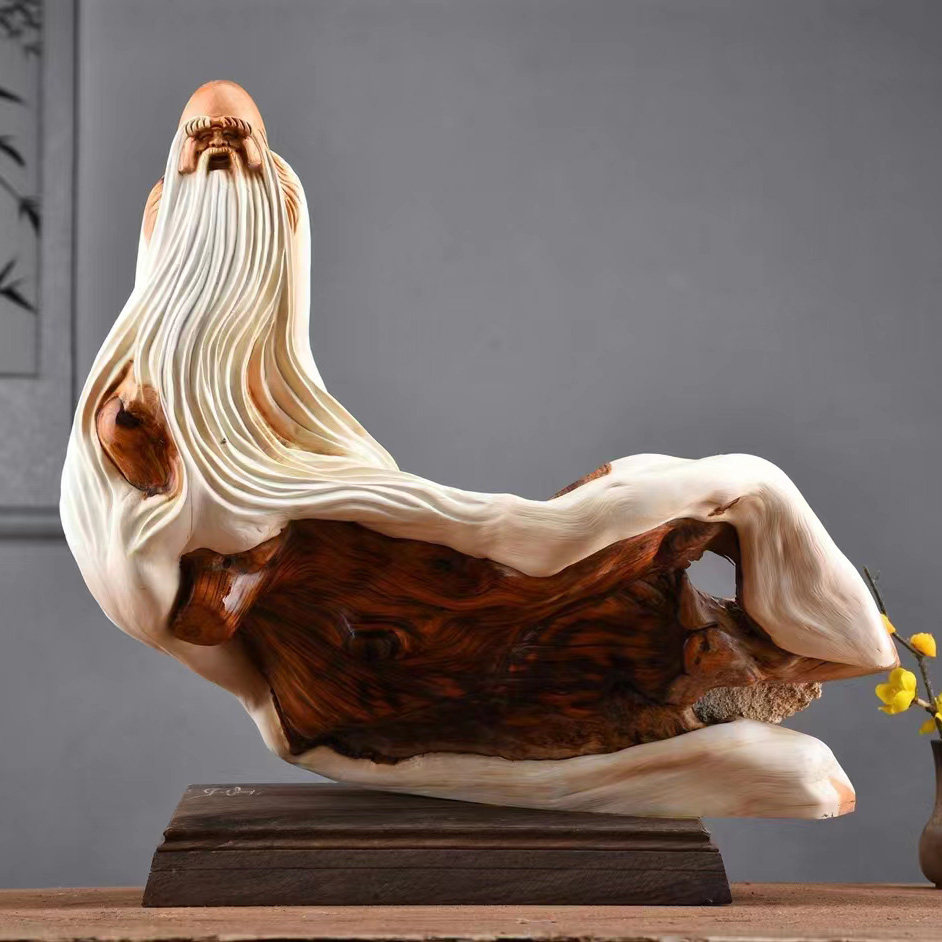 Taihang Cliff cypress Shouxing old ornaments log root carving wood carving transfer red and white material aging handle carving fine carving