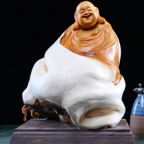 Taihang cliff cypress Maitreya Buddha wood carving carving ornaments Wood root carving full of tumor scar Aging material laughing Buddha belly