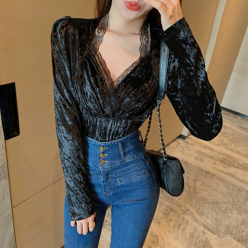 Осенняя бархатная кружевная короткая рубашка, 2020, французский стиль, V-образный вырез, рукава фонарики